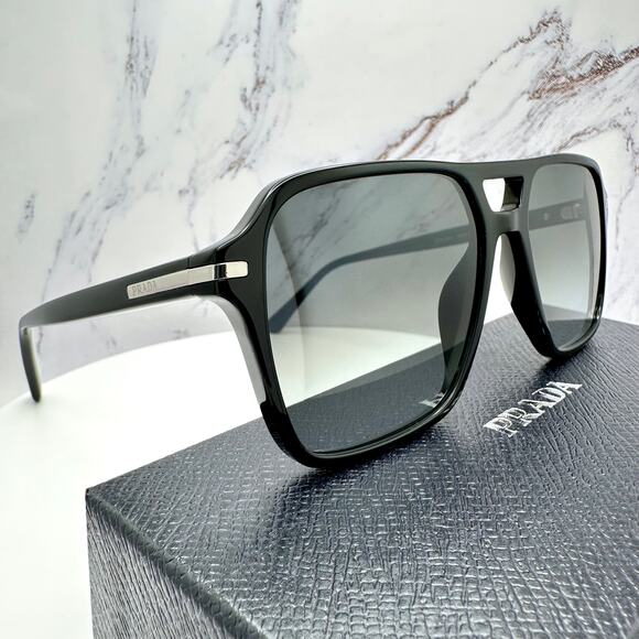 NEW PRADA Sunglasses Black Aviator Pilot 55-17mm Grey Lens Silver Logo - Picture 13 of 16